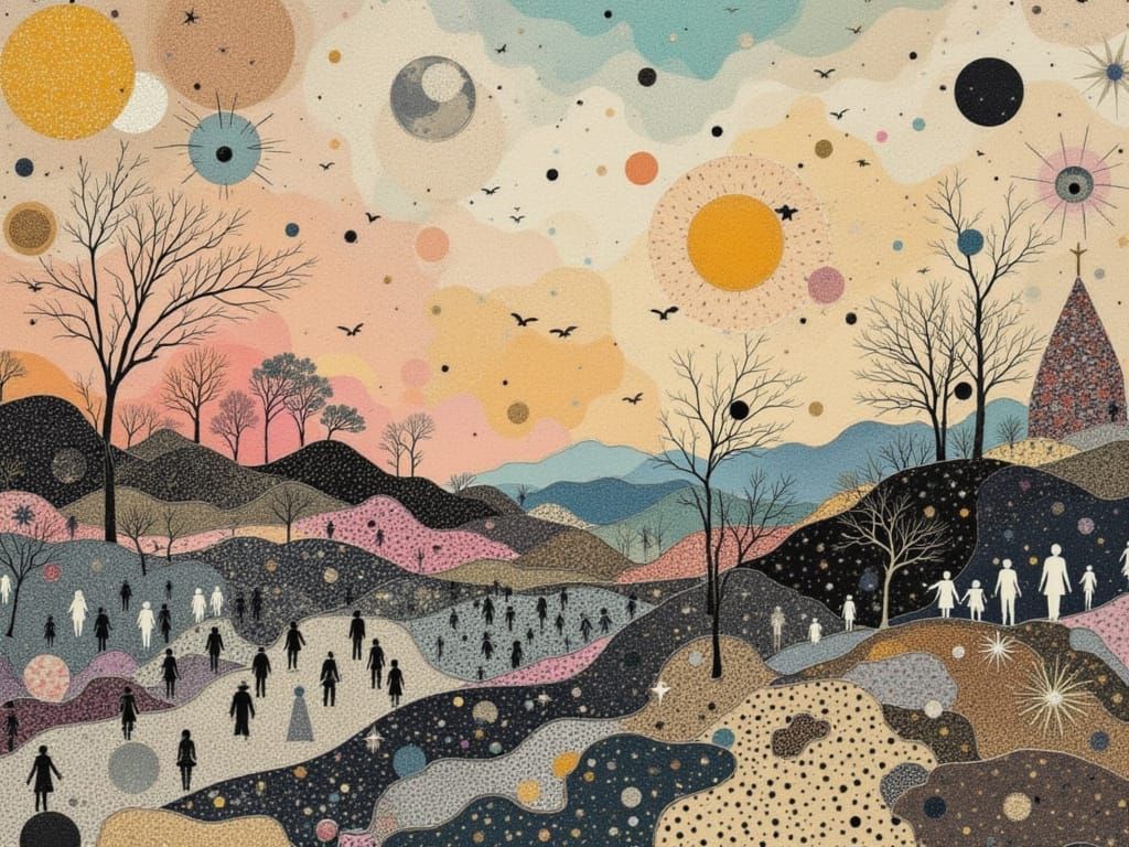 <lora:Luxaria:1.0> Airbrush landscape painting in style of Dadaism using Pastel Colors for the sky and earth that contrast with B/W checkere...