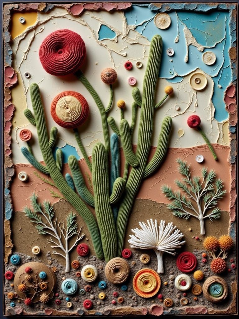 Southwestern Landscape with Collage and Crochet Textures