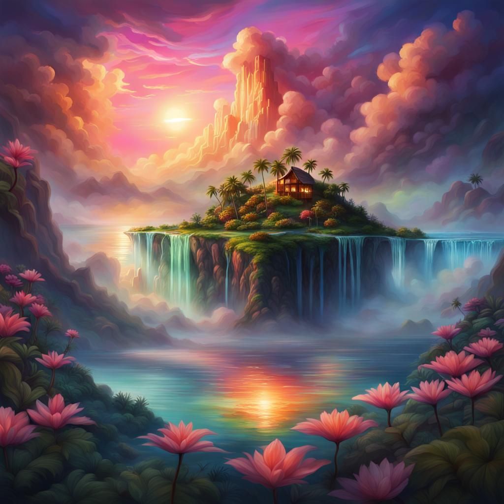 Picture an enchanting island oasis suspended on clouds, featuring a mesmerizing sunset with tropical ...  by @Rehmatdip Kaur