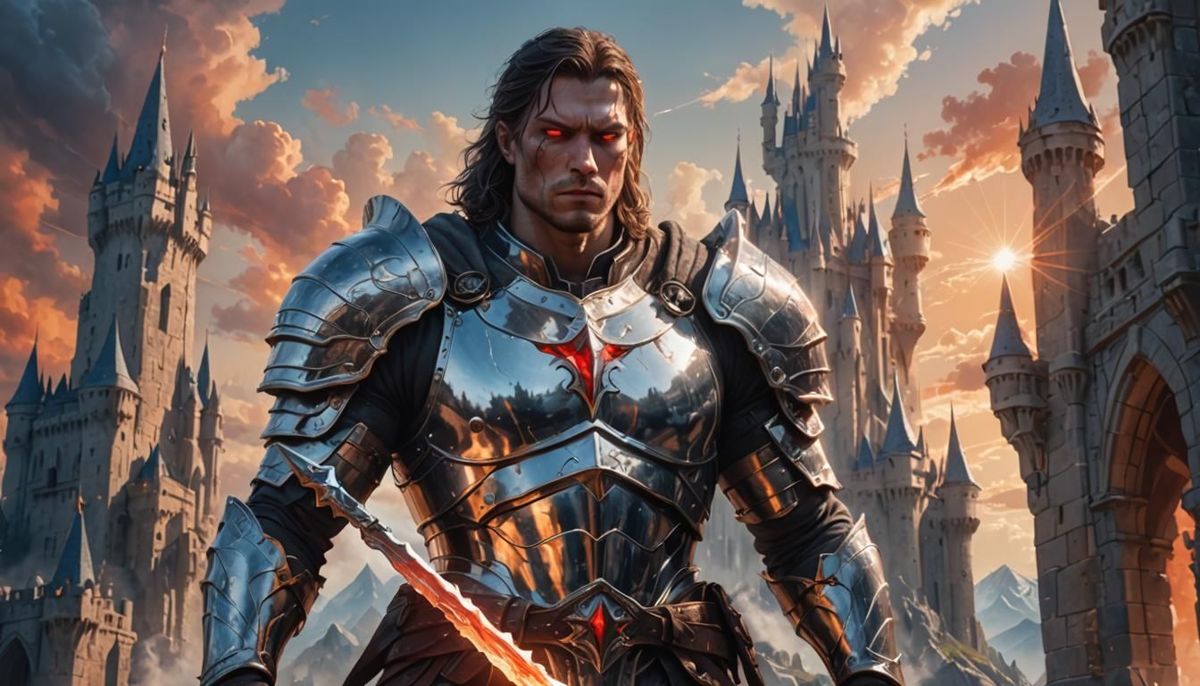 A Warrior Of Light, Holding A Battle Sword, Vivid Red Eyes, ...
