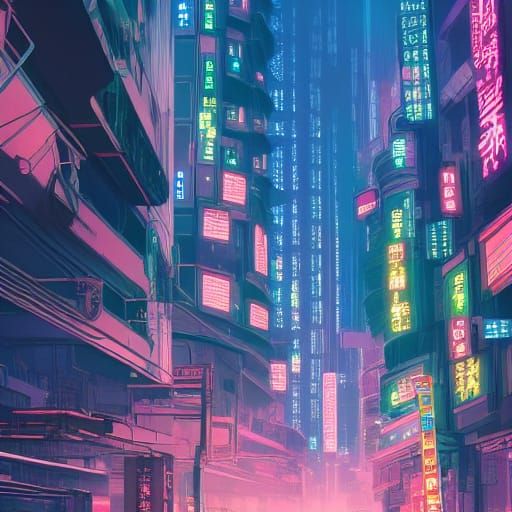 Cyberpunk wallpaper in the style of studio ghibli