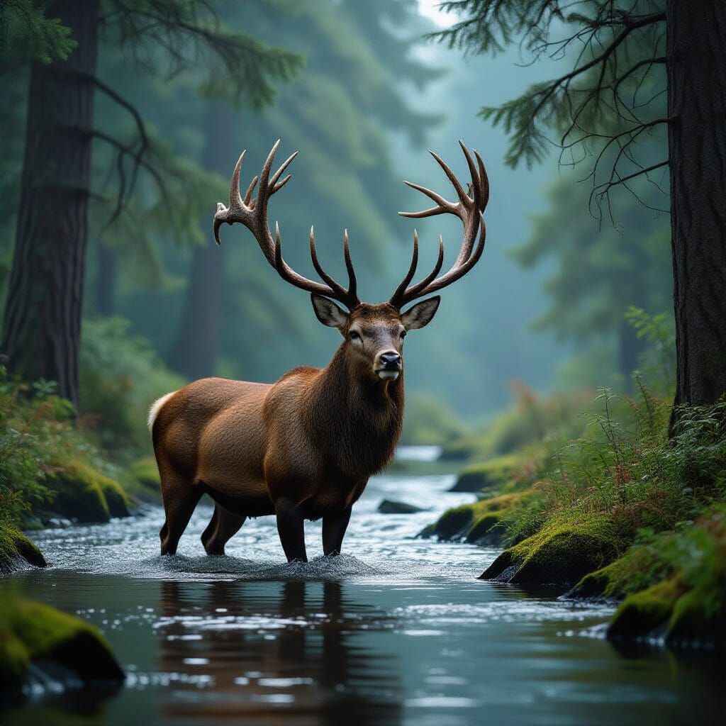 Double Exposure Deer with Waterfall in Watercolor Style