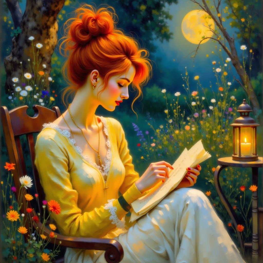 <lora:Impressionist Style:1.0>  a beautiful woman, orange hair, bun, messy, yelow and white sweater, sits in garden and reads a letter in th...