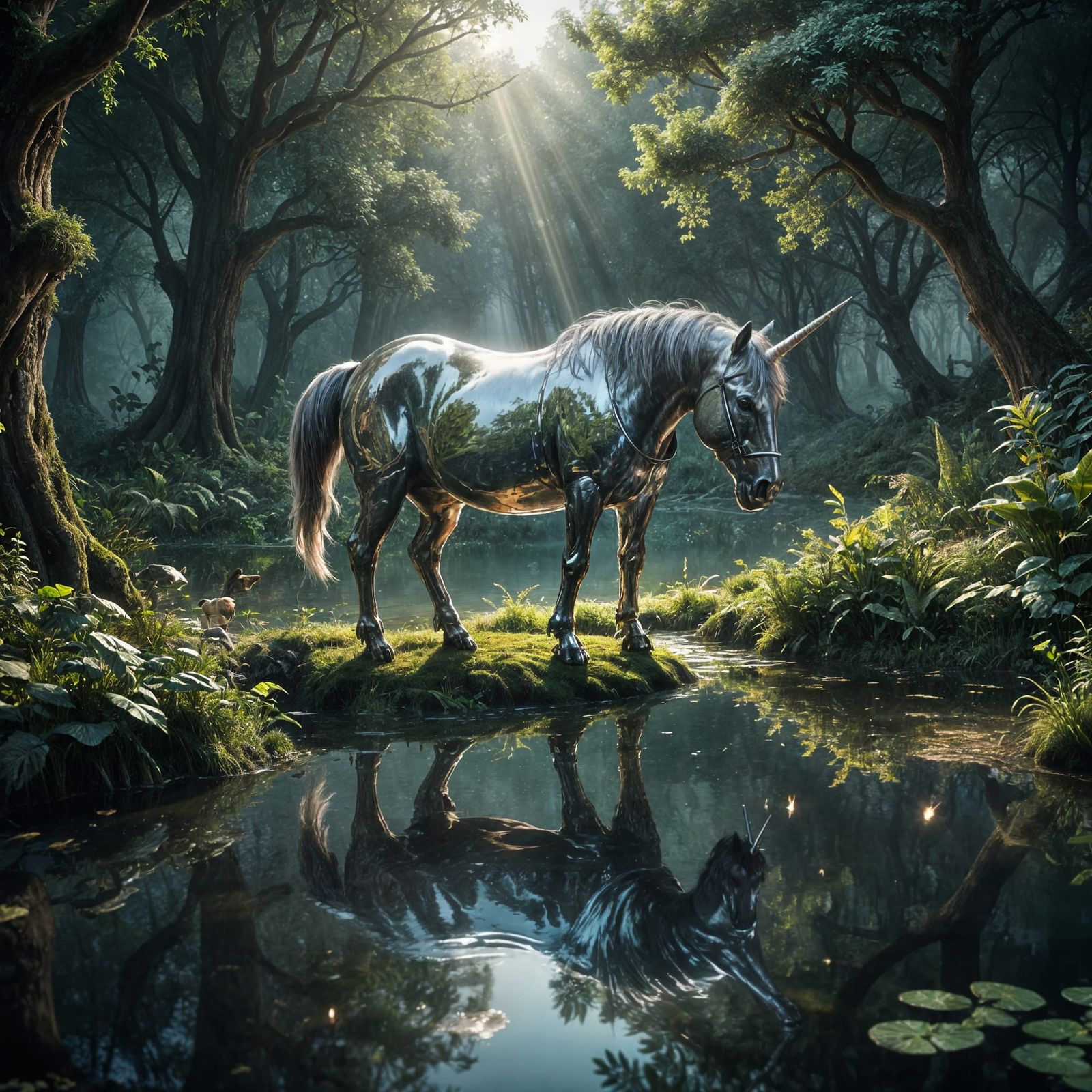 A chrome unicorn drinking from a pond in a magical forrest   by @Hobgoggin 