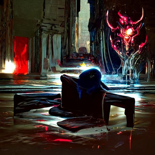 The Devil sitting in a big throne