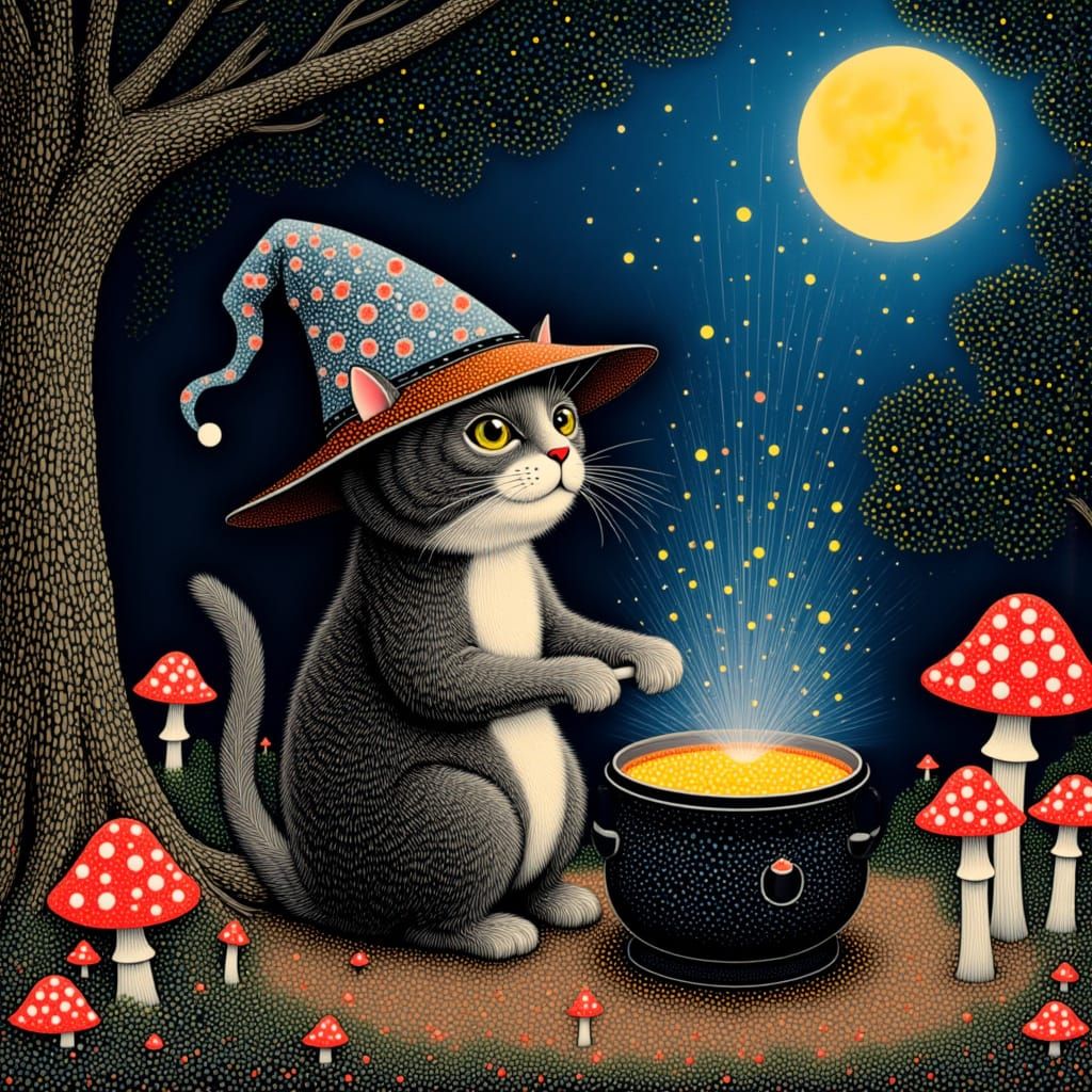 Whimsical Cat Wizard Conjures Starlight in Enchanted Forest