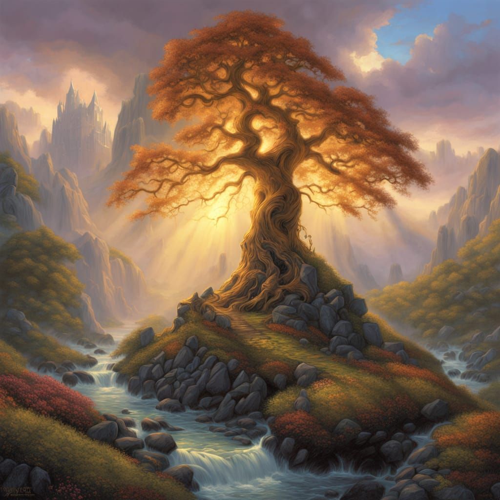 Mystical Tree of Dreams in a Golden Misty Valley