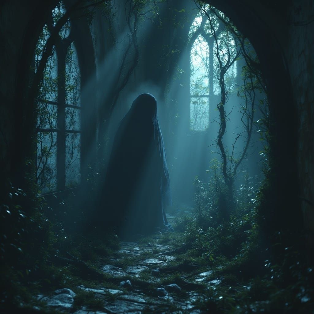 <lora:MJ6 NightmareFlux:1.0> a terrifying depiction of a spectral figure lurking in the shadows of an abandoned church, hyperrealistic, pho...