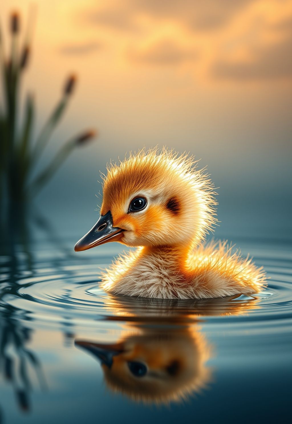 A close-up portrait of a duckling swimming in calm