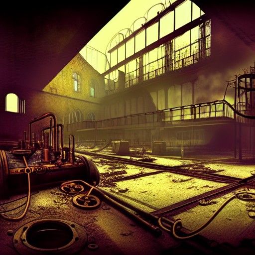 abandoned steampunk factory with a synthesizer , cinematic l...