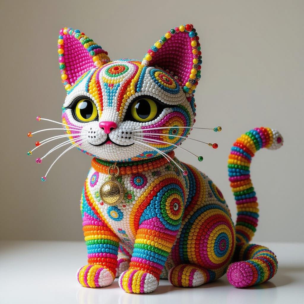 Beaded Cat Sculpture in Pop Surrealist Style