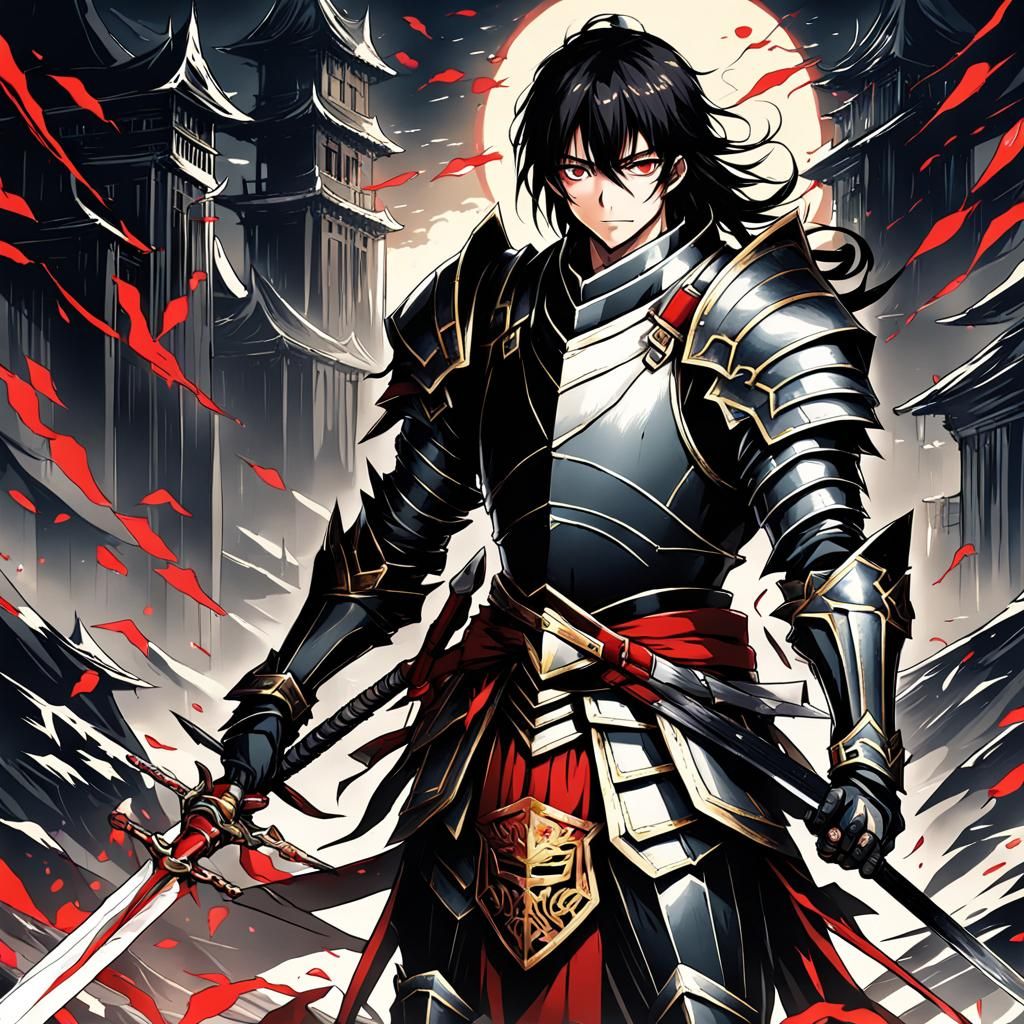 black hair red eye yong knight wearing armor holding long sw...