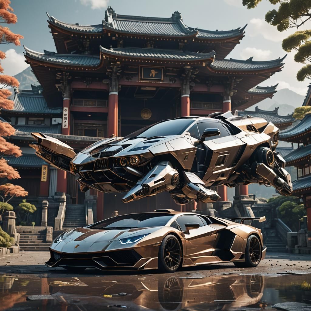 A Lamborghini Spaceship Next TO An Old Japanese Temple