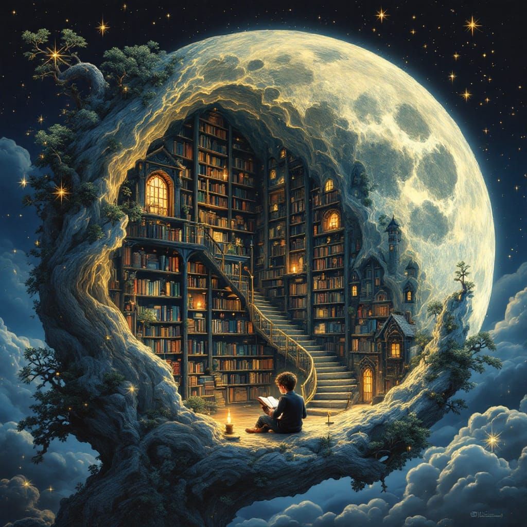 Ethereal Library on the Full Moon in Whimsical Victorian Sty...