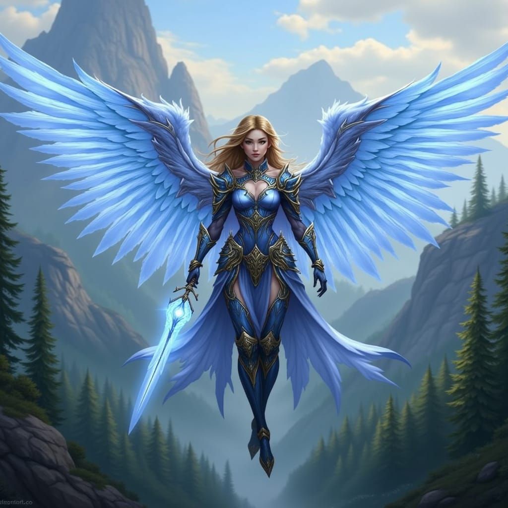 <lora:HyperRealistic Wings:1.0> Elegant Elvin female with soft glowing blueish-white wings on her back, wearing a ornate suit of amour, with...