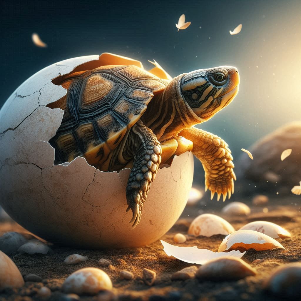 turtle emerging from a shattered eggshell