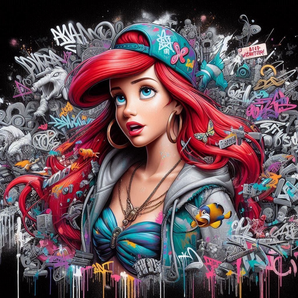 Ariel in urban outfit, graffiti-style