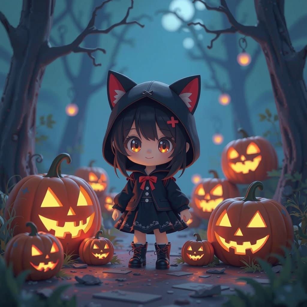 Cute Halloween Character in Spider Web Pumpkin Scene
