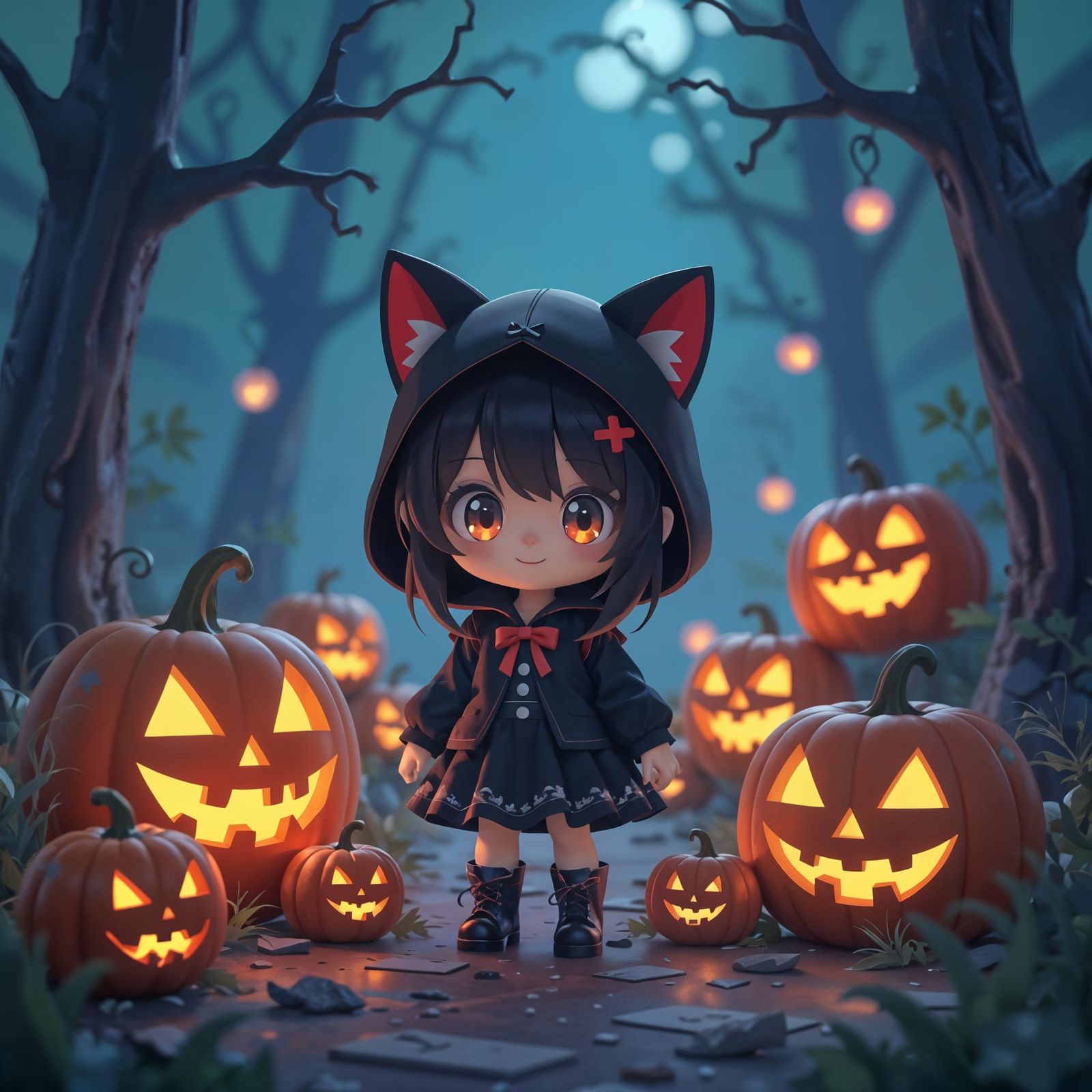 Cute Halloween Character in Spider Web Pumpkin Scene