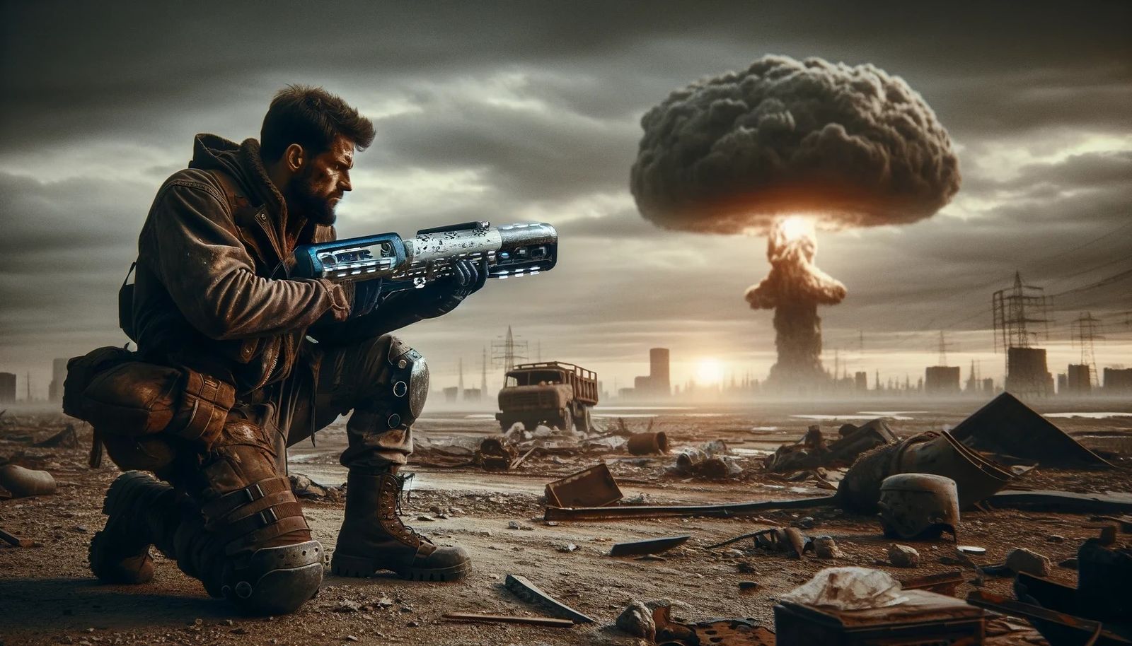 kneeling and aiming a sci-fi looking RPG launcher in a post-...