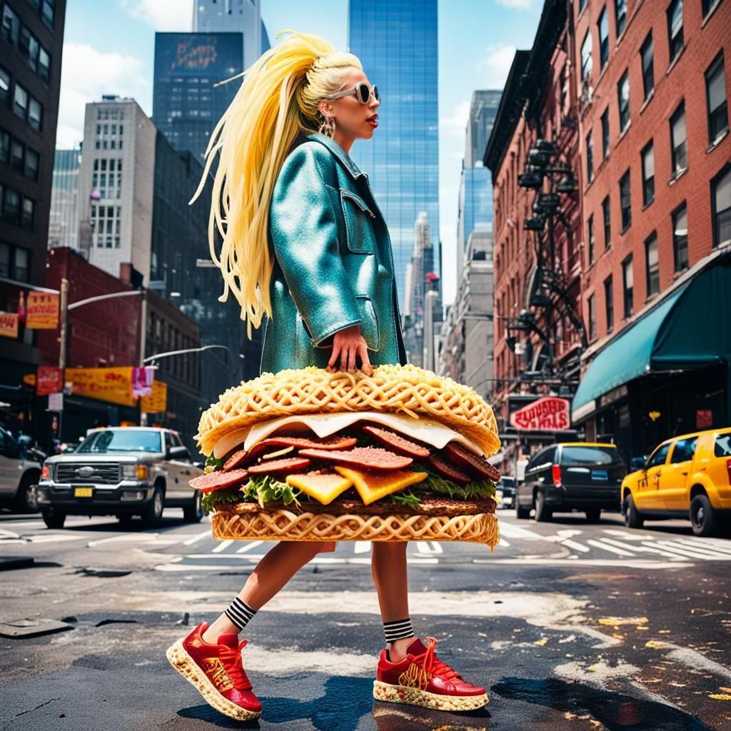 Lady Gaga takes her Pastrami on rye sandwich for a walk on a diamond encrusted personalised lead in New York whilst wearing designer shoes m...