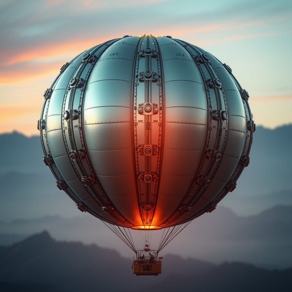 Futuristic Metallic Air Balloon in a Majestic Mountain Lands...