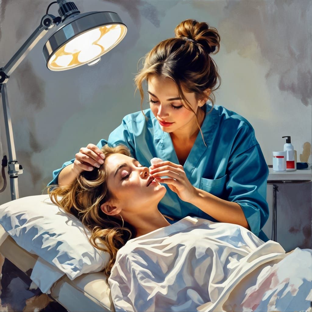 a cosmetologist applies cream to the face of a girl who is lying on a couch under a medical lamp. in Gouache Style, Watercolor, Museum Epic ...