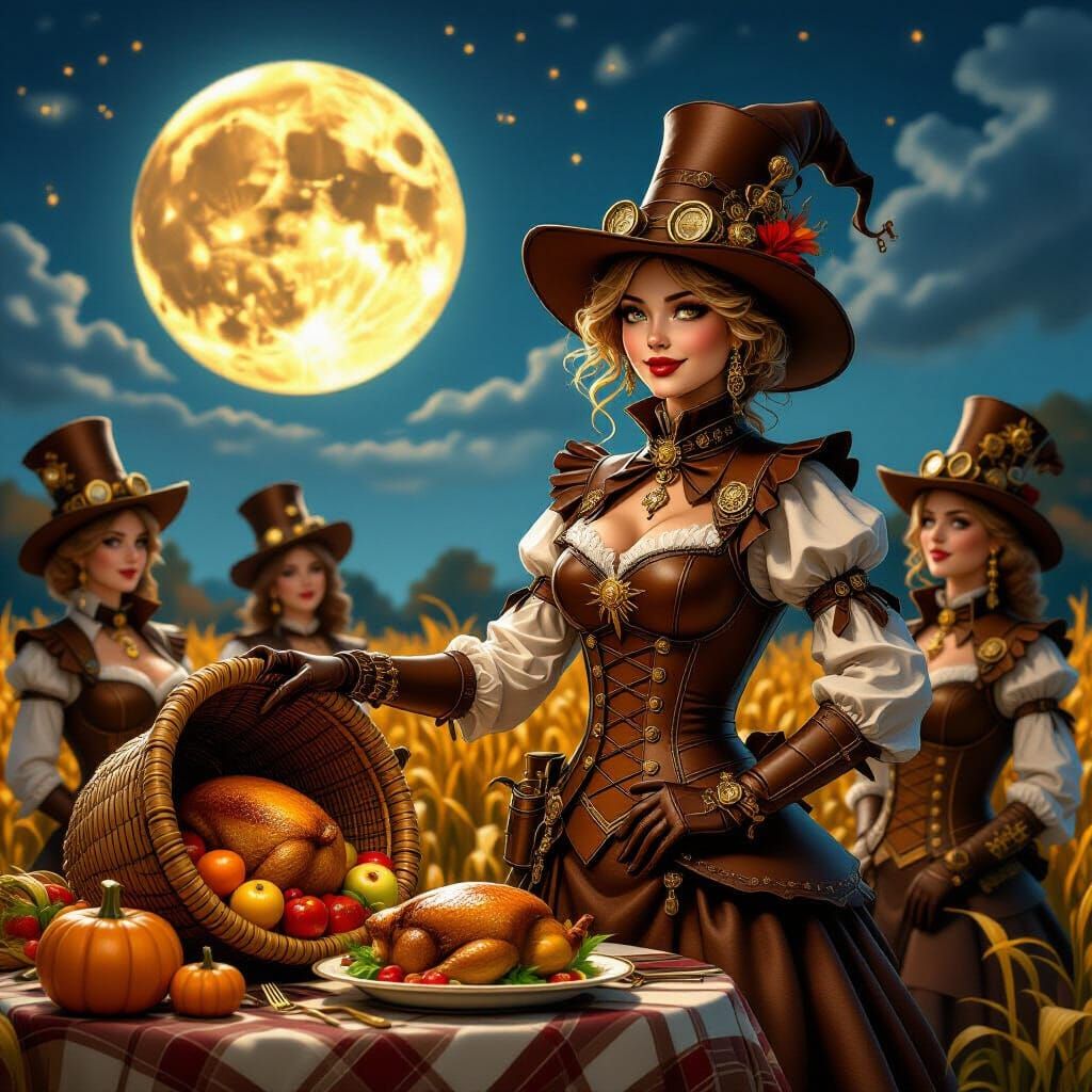Harvest moon, steampunk style. Attractive Female Scarecrow, punkins, cornucopia, turkey dinner, all attendees are in brown leather and brass...
