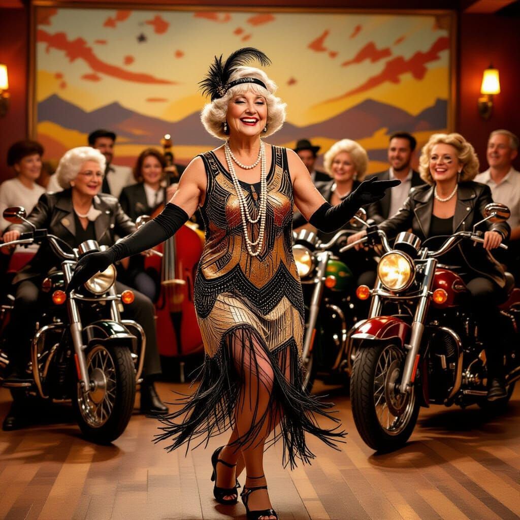 For today's challenge, picture an elderly woman in her 90s, wearing a flapper dress and dancing the Charleston ...  by @Jer Morgan