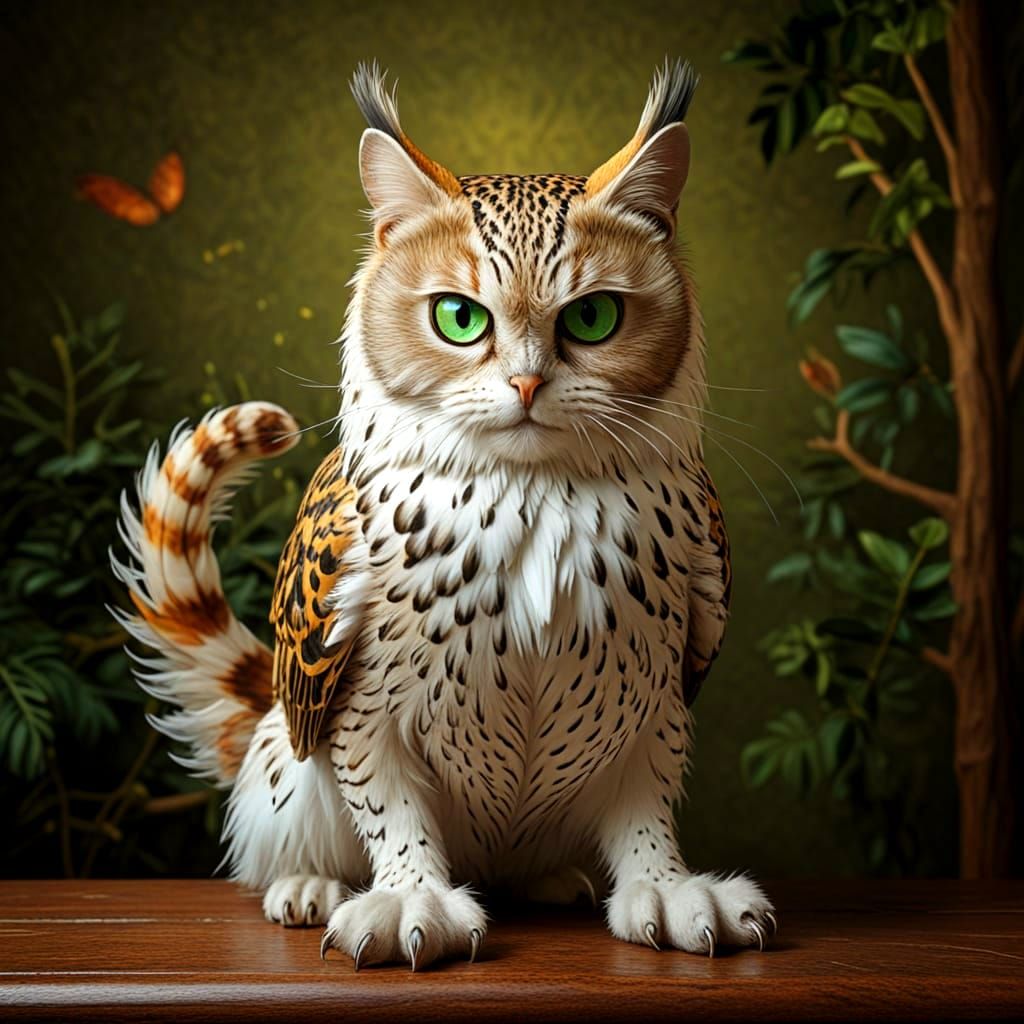 Whimsical Cat-Owl Chimera in Exotic Fantasy Land