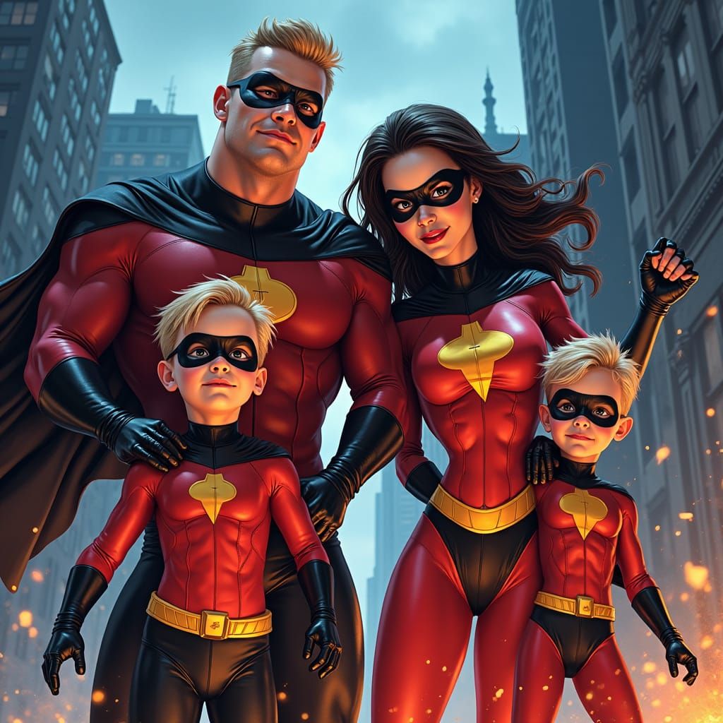 Superhero Family Versus Villain in Comic Book Style