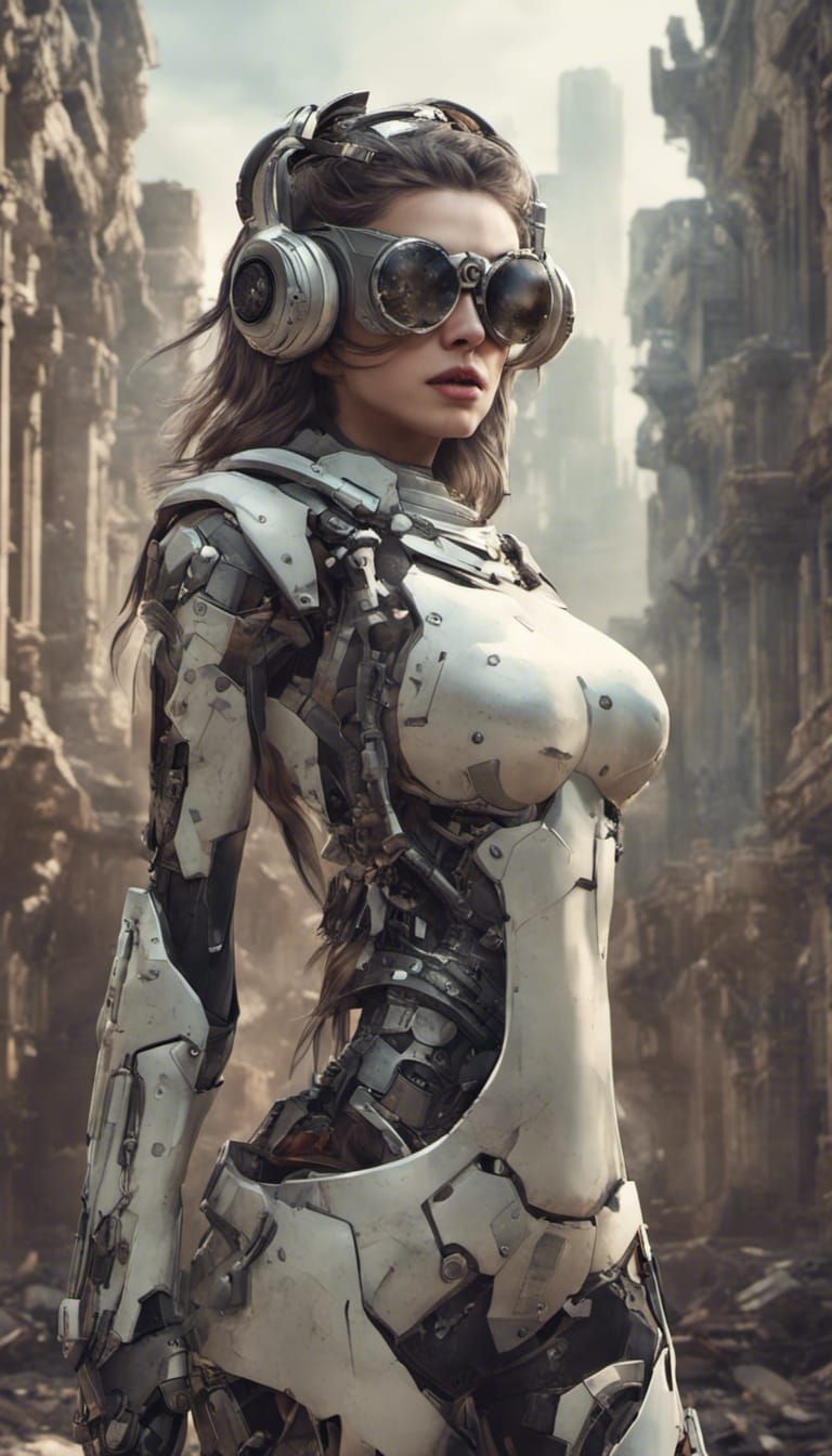 a cute cyborg woman with mirrorshades in the ruins of a larg...