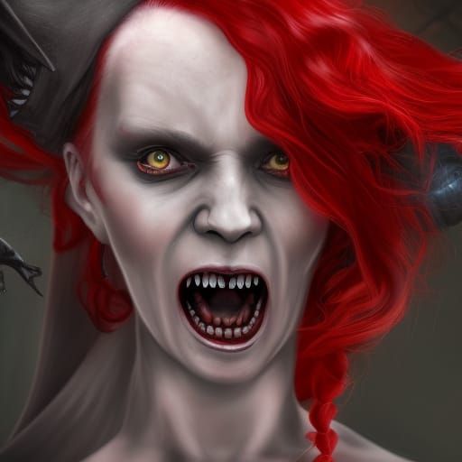 Demonic, screaming woman with red hair and a grey victorian dress