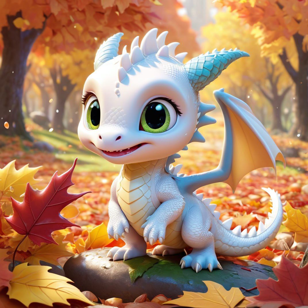 A baby dragon with large green eyes and pale white scales is...