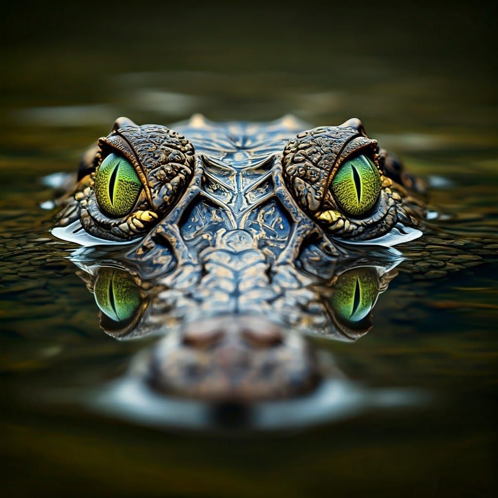 Portrait of a green-eyed crocodile in a river  by @axelb