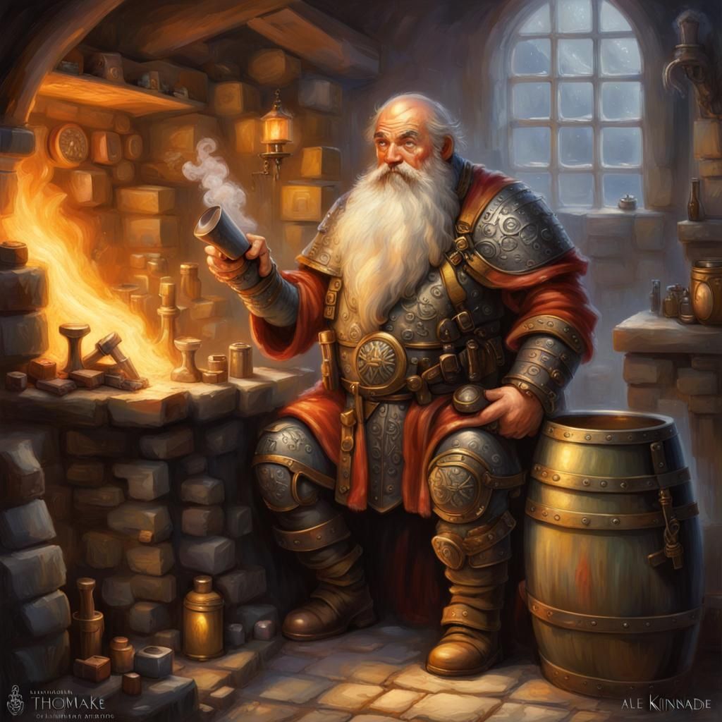 dwarven male forge master, drunk, full plate suit, merry, mirthful ...