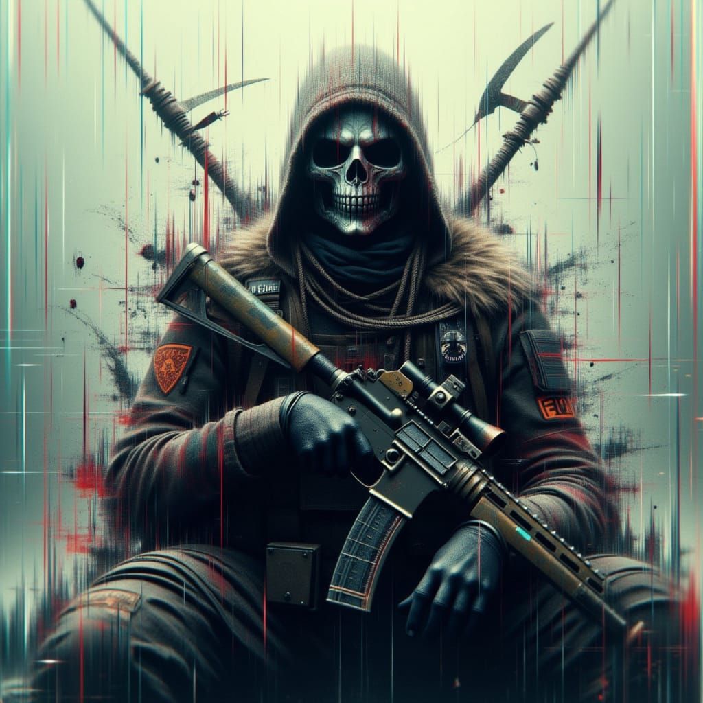 Dystopian Soldier in the style of <lora:V2GlitchLinesV2:1.0> Blurred background with a glitch effect in a splatter paint technique by Jonas ...