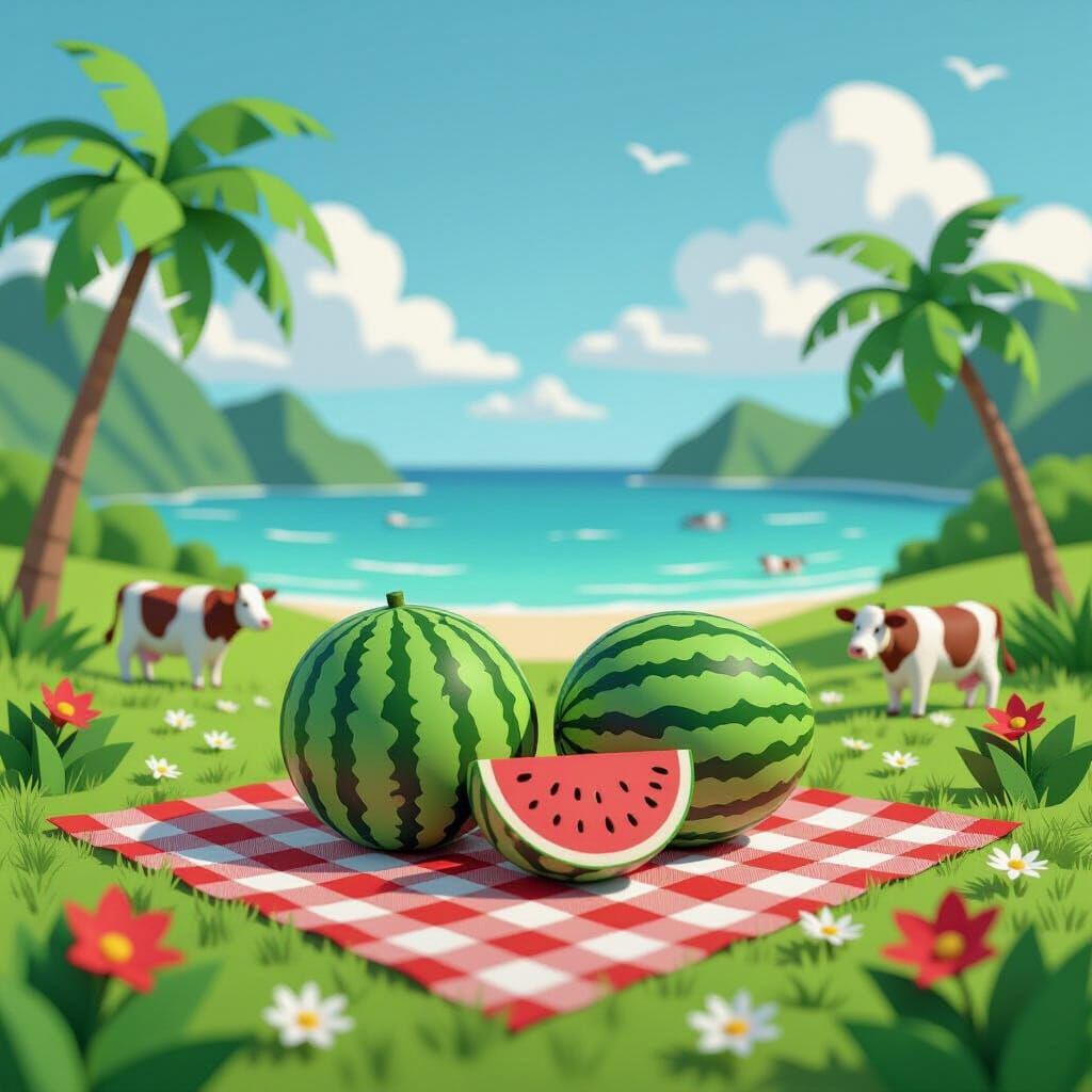 Watermelon Picnic in Origami Papercraft Style