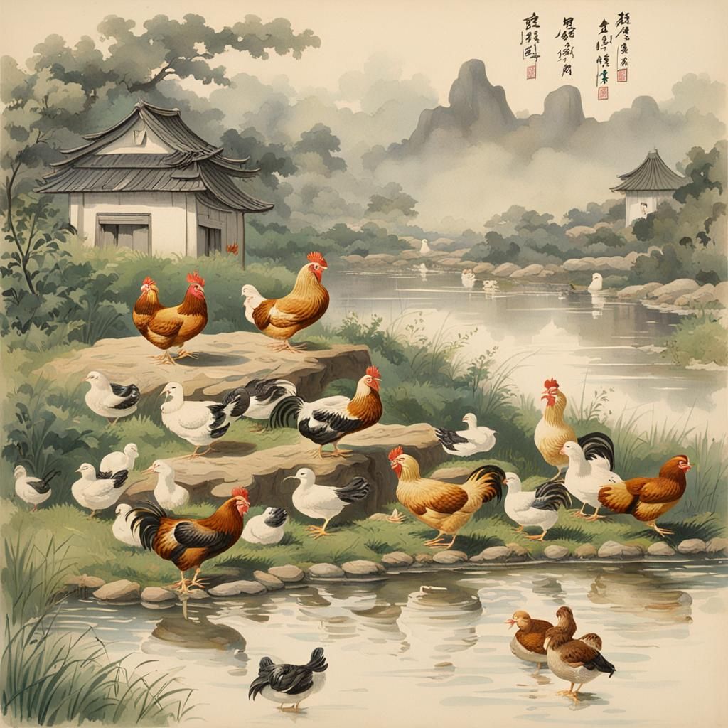 Chickens and Ducks in Neo-Impressionist Style