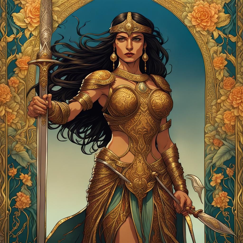 Artnouveau illustration of a majestic Persian Amazon warrior...