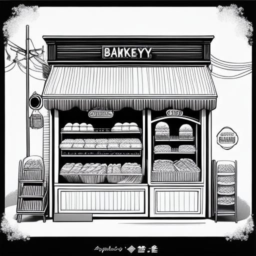 Bakery shop, Black outlines, white background, sharp focus, ...
