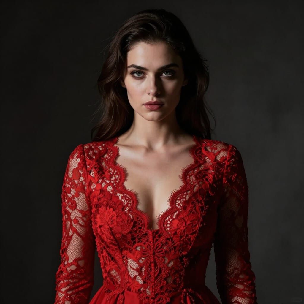 Sensual Woman in Crimson Lace Gown with Dramatic Lighting
