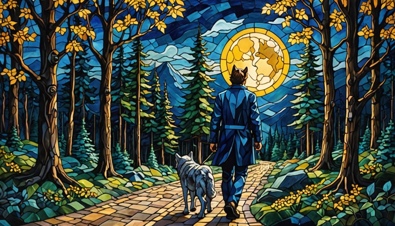 Stained glass dark blue forest man walking away from home fu...