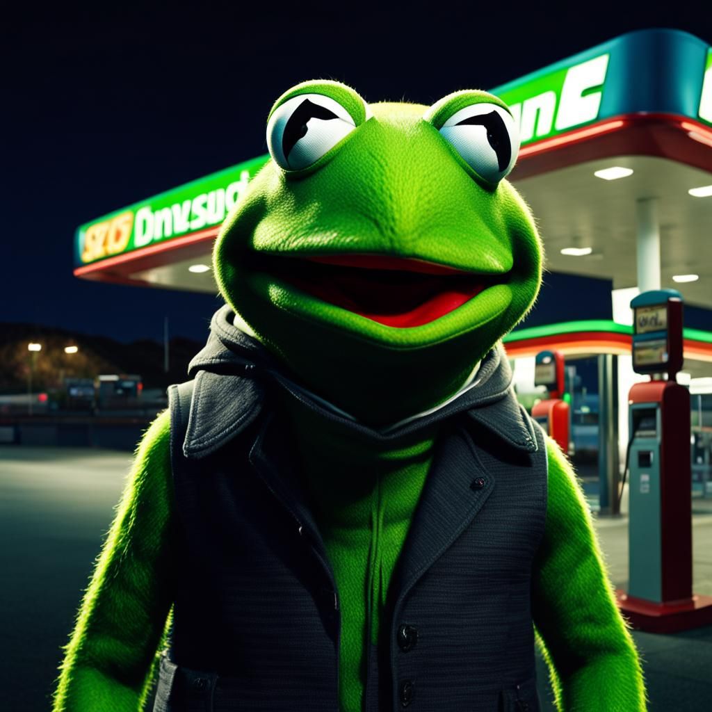 Kermit The Frog standing ominously in front of a gas station...