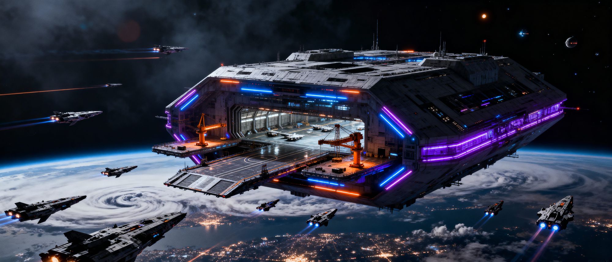 A colossal futuristic spaceport hovering in low orbit above Earth