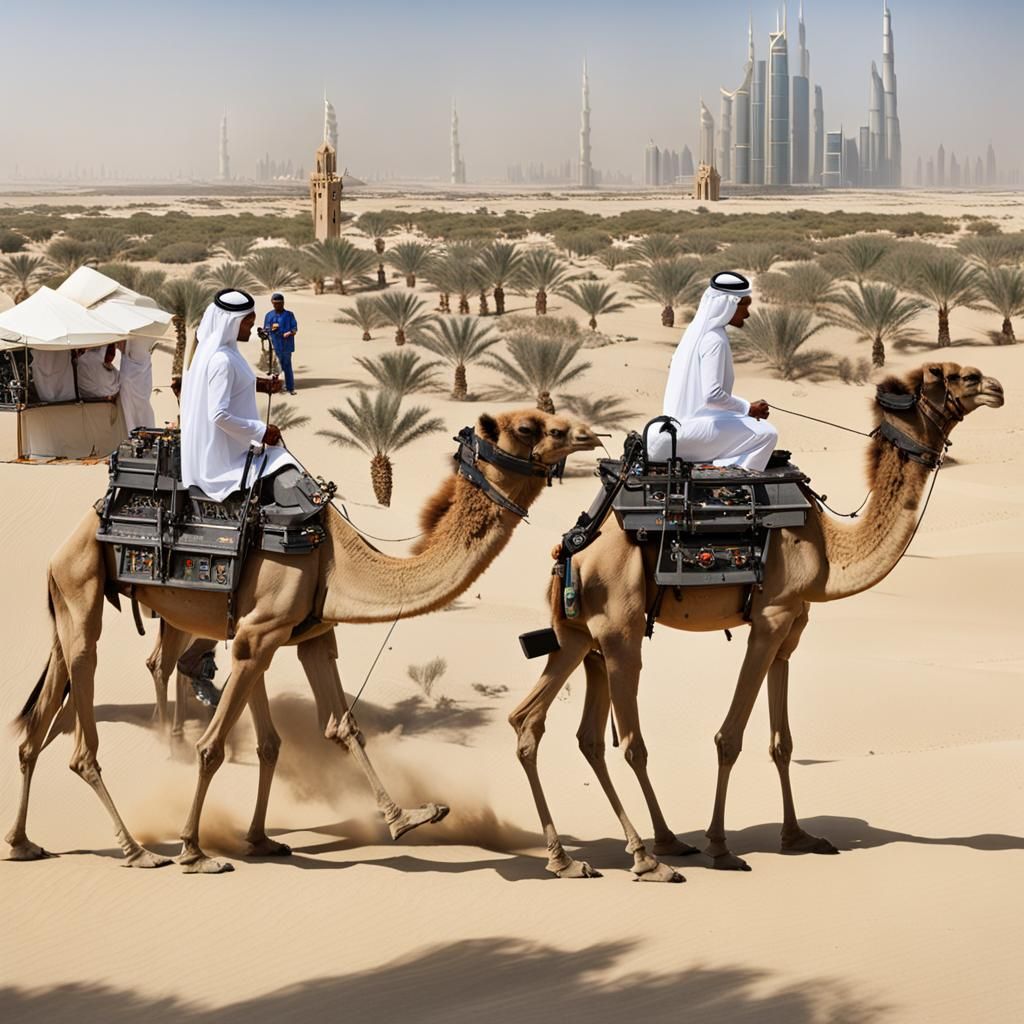 Google street view of Dubai with mechanised camels and flyin...
