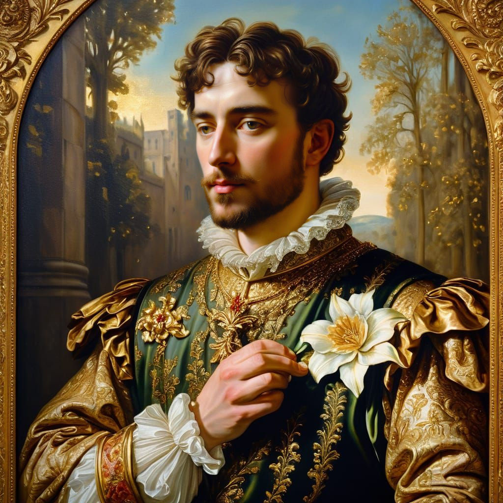  Renaissance portrait. Close up. King John holds a gilded lily. Medium shot. Oil painting. Delicate gold leaf details. Soft, warm light. 