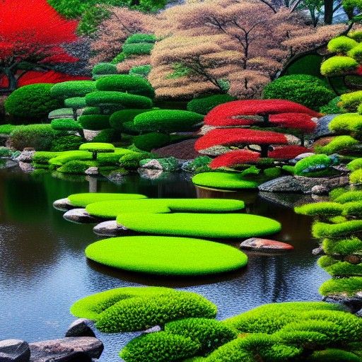 Traditional and colorful Japanese garden. Centered. 8 K resolution ...