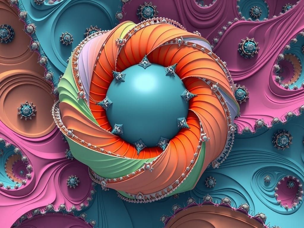 A high-resolution, photorealistic 3D unreal image of a levitating floating glowing silver-mercury soft-aqua Mandelbulb fractal floating in t...