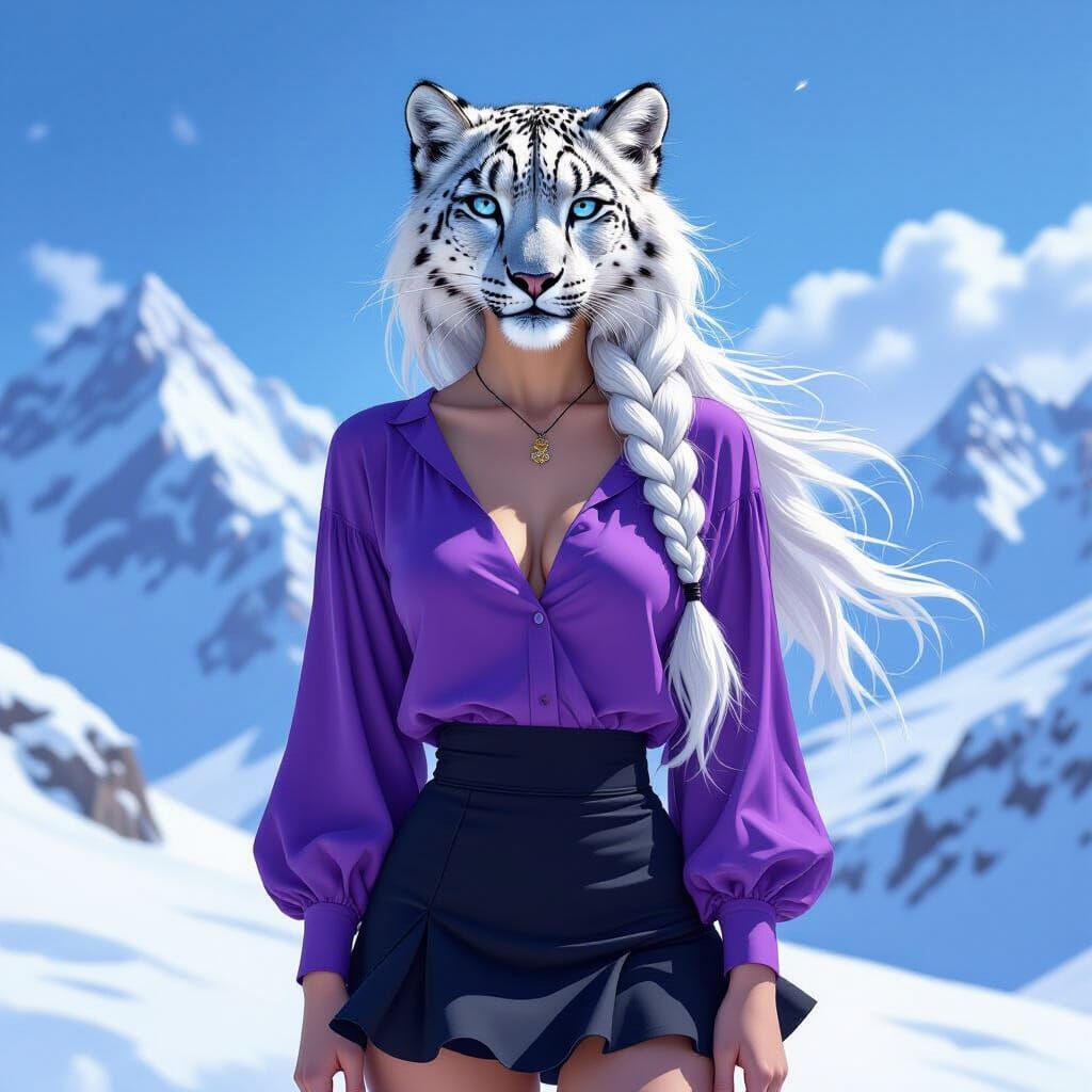 Anthro female snow leopard with long white hair in a braid wearing a loose purple blouse and a black mini skirt